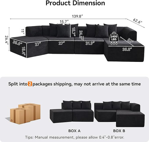 140''Oversized Cloud Velvet Curved Sectional Couch, Boneless Couch with L-Shape Chaise, Upholstered Compression Memory Foam Modular Sectional Sofa for Living Room, No Assembly Required, Black