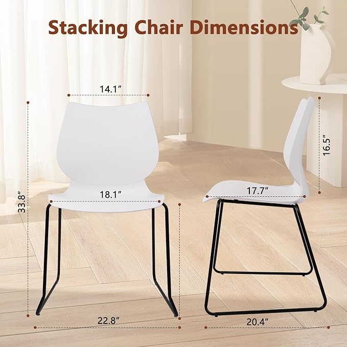 Stackable Waiting Room Chair, Stacking Office Chair with Ergonomic Lumbar Support and Metal Legs, Plastic Desk Chairs for Conference School Church Guest Reception Set of 4, White