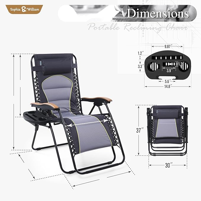 Sophia & William XL Zero Gravity Chair (2 Pack), Oversize Gravity Recliner Lounge Chair with Free Cup Holder, Supports 400 LBS (Grey)