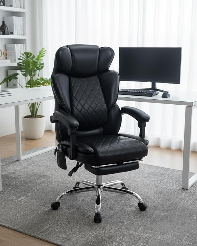 Massage Chair with Footrest and Wider Upholstered Seat, Ergonomic Executive Vibration & Heat Office Chair for Heavy People, Big and Tall Reclining Desk Office Chair for Home Office, Black