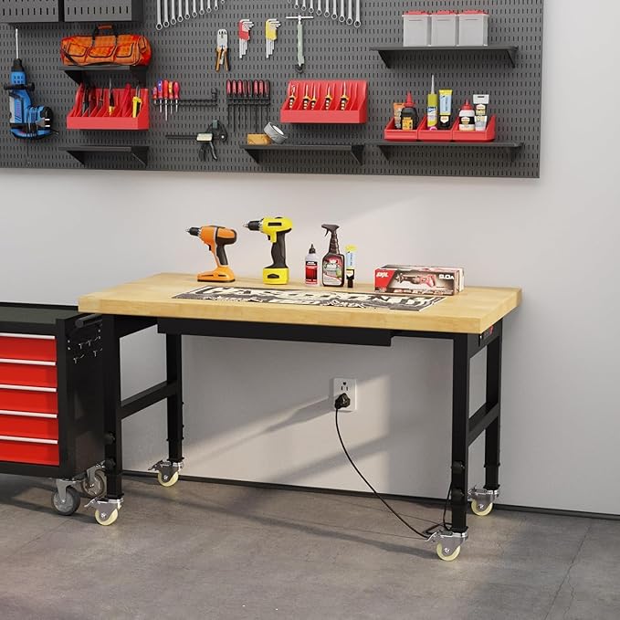 48" Heavy Duty Work Bench with Drawers, Adjustable Height Workbench with Wheels, 2000 LBS Capacity Work Table with Power Outlets for Garage, Workshop, Office, Home