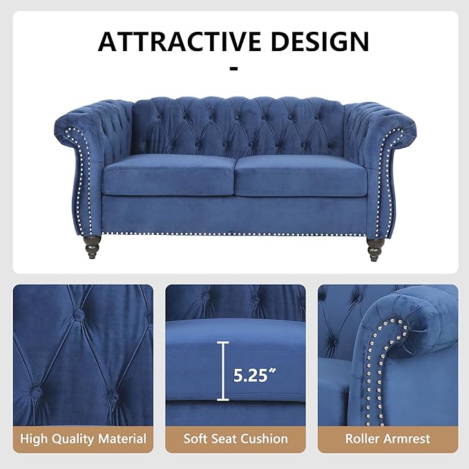 QHITTY Accent Sofa, Chesterfield Loveseat Modern Velvet Couch Upholstered Sofa with Tufted Back for Living Room Furniture (Blue)