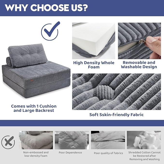 Floor Sofa Bed,Convertible Sleeper Chair with High-Density Support Foam,Portable 3 in 1 Fold Out Chair to Floor Lounger,Perfect for Living Room、 Bedroom 、 Apartment,Twin Size,Dark Gray