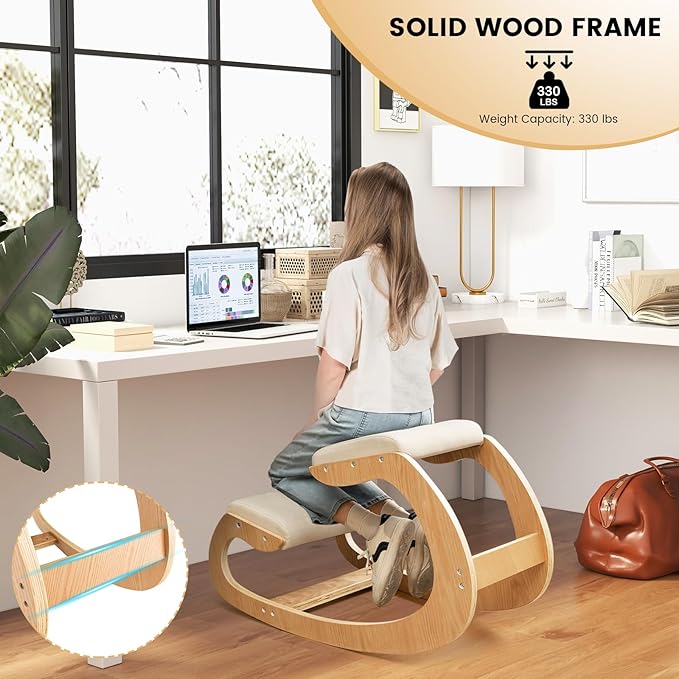 Giantex Ergonomic Kneeling Desk Chair, Rocking Knee Chair with Cushion & Solid Wood Frame, Natural Relief for Neck or Back Pain, Posture Chair for Desk, Home, Office, Max Load 330 Lbs (Beige)