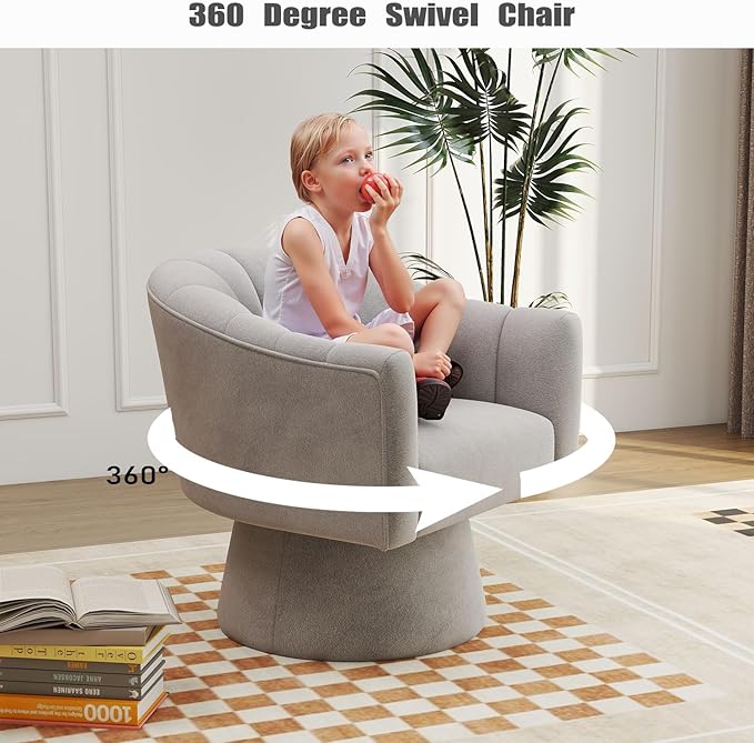 Swivel Accent Chair,Upholstered Velvet 360° Swivel Barrel Chair for Living Room Overstuffed Bouncle Reading Chair Round Armchair for Bedroom,Vanity,Office(Grey)