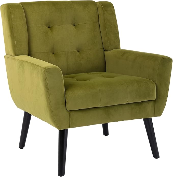 OO BY ORANGE ONLINE Velvet Accent Chair, Mid-Century Modern Tufted Armchair for Living Room, Bedroom & Office (Olive Green)