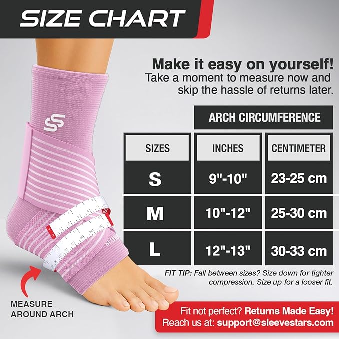 Sleeve Stars Ankle Brace for Women & Men, Ankle Wrap for Sprained Ankle, Compression Sleeve for Plantar Fasciitis Relief, Easy Customizable Support: w/Removable Strap (Single/L:12"-13"/Baby Pink)