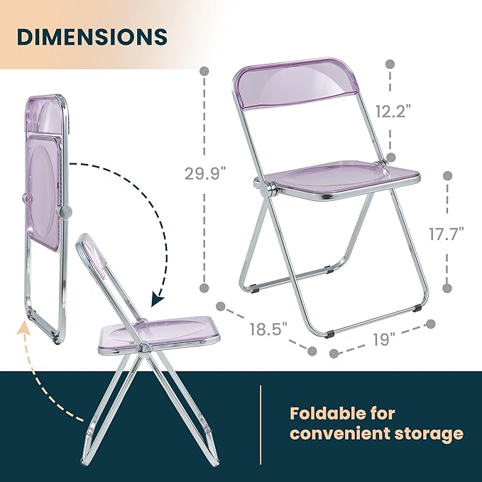 LeisureMod Lawrence Modern Clear Acrylic Folding Chair with Metal Frame, Space-Saving Transparent Seating for Dining Room, Home Office, Bedroom, Vanity or Small Spaces, (Magenta, Set of 2)