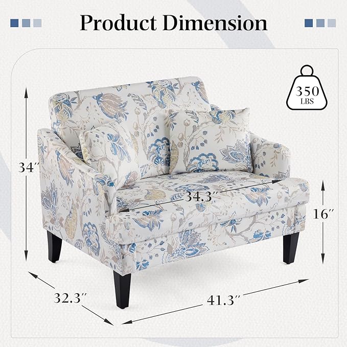 Bezseller Oversized Accent Chair, 33.5'' Wide Seat Comfy Armchair with 2 Pillows, Upholstered Big Reading Chair, Modern Single Sofa Chair for Living Room Bedroom Apartment Office, Blue Floral