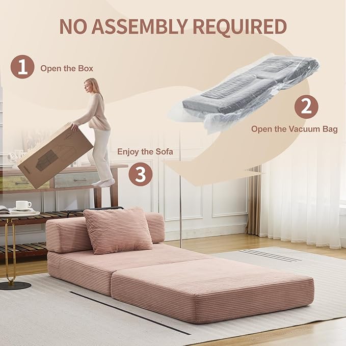 Folding Sofa Bed, Convertible Sleeper Chair with Pillow, Single Sofa with Back Support, Portable Fold Out Chair Cloud Couch Bed, Comfy Floor Sofa Lounge for Living Room Bedroom, Pink