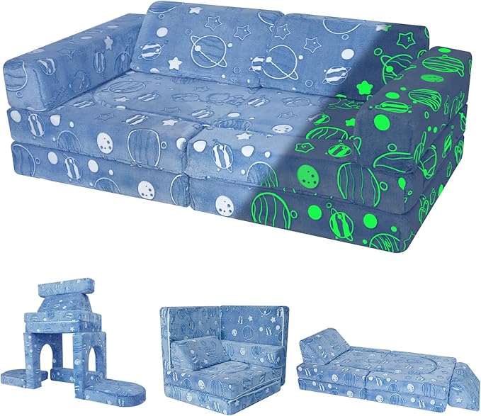 MeMoreCool Kids Modular Couch – 10-Piece Set, Fold-Out Sofa for Boys & Girls, Glow-in-The-Dark Space Theme Convertible Fort Builder | Washable Cover | Ideal for Playroom, Bedroom