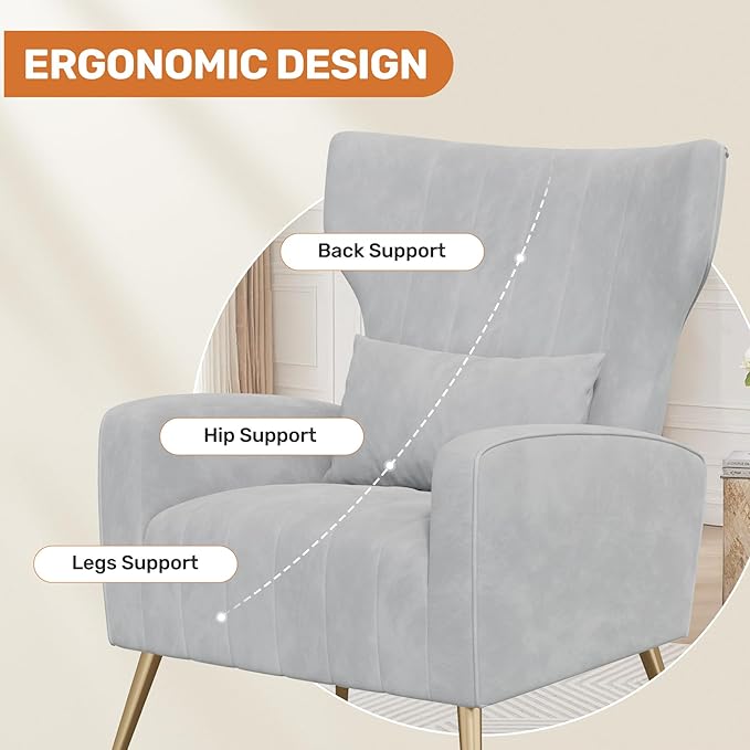 Nalupatio Modern Accent Chairs for Living Room Chairs Upholstered Velvet Fabric Reading Chair Mid Century Arm Chair Comfy Armchair,Light Gray