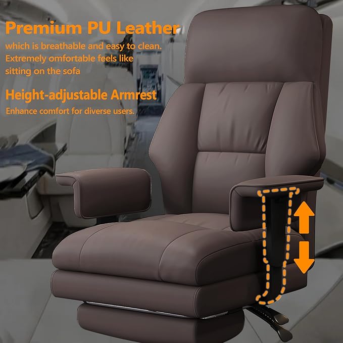 WXJHL Office Chair with Leg Rest, Leather High Back Executive Office Chair with Wheels, Ergonomic Desk Chairs with Lumbar Support for Home Office, Brown