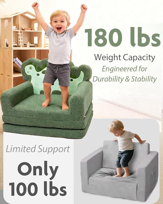 TinyPalsa Kids Couch, Convertible Sofa to Lounger Fold Out, Green Dinosaur Design Chair for Toddlers 1-3, Gift for Movie Night, Camping, and Napping