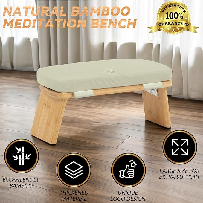 Estleys Meditation Bench, Bamboo Meditation Stool, Folding Kneeling Meditation Bench, Seiza Prayer Bench, Prayer Bench with Meditation Cushion, Kneeling Stool (Beige & Bag)