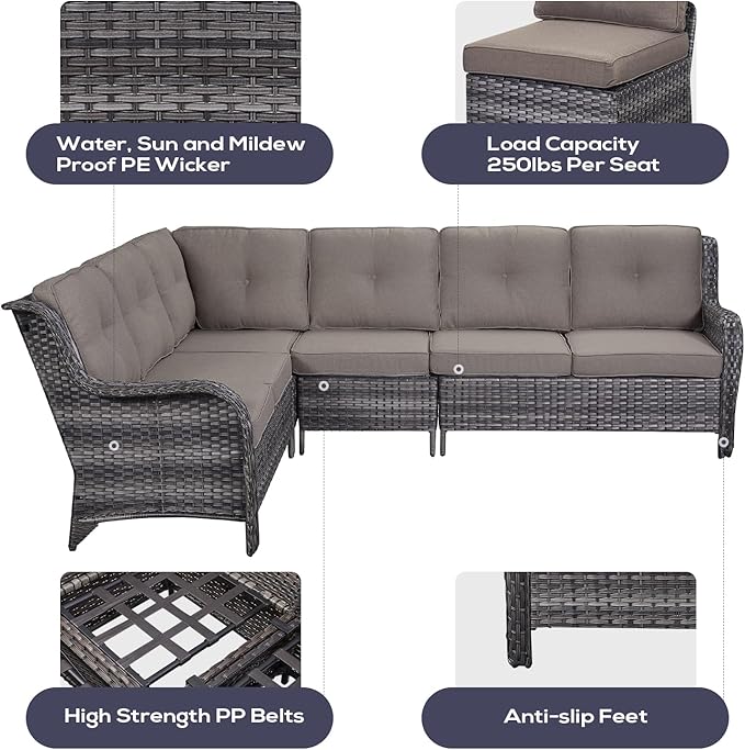 Belord Outdoor Sectional Furniture Sofa Set with Propane Fire Pit Table, Wicker Patio Conversation Set with 2 Swivel Rocker Glider Chairs Grey Cushion Perfect for Backyard Casual Gathering