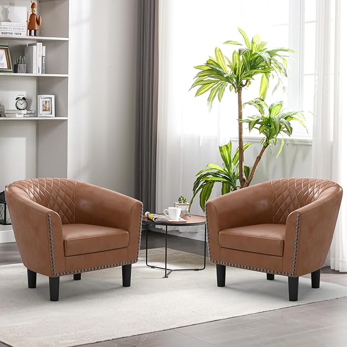 INZOY Modern Accent Chair with Ottoman for Small Space, Club Chair with Ottoman Set, Comfy PU Leather Barrel Reading Chairs for Living Room Bedroom, Round Reading Chair with Foot Rest, Light Brown