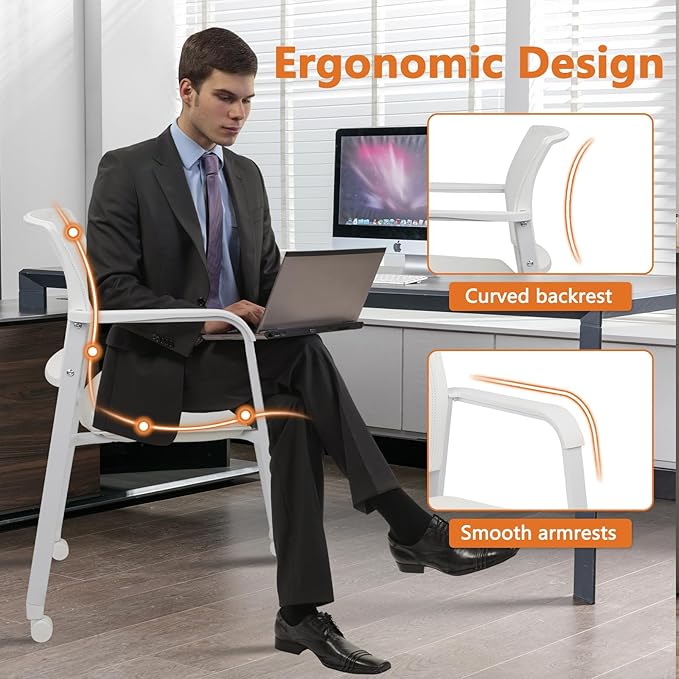 CLATINA Rolling Conference Chairs, 1 Pack Stackable with Wheels and Paddle, Ergonomic Mesh Back and Arms for Meeting, Training Room & Home Office (White)