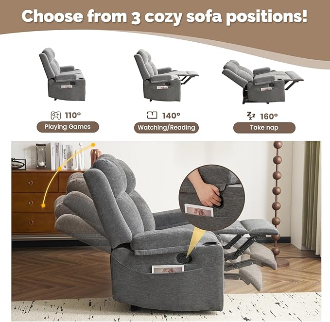 PALLOME Manual Reclining Loveseat Sofa, 2-Seater Recliner Couch with Cup Holders, Fabric Reclining Sofa for Living Room/RV (Gray)