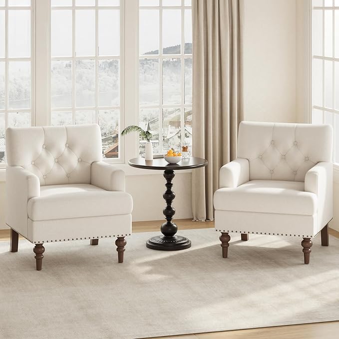 Upholstered Accent Chair with Thick Cushion, High Back Reading Chair, Linen Blend Armchair with Solid Rubberwood Legs for Living Room, Bedroom, Reading, Apartment & Small Spaces,Beige,Set of 2