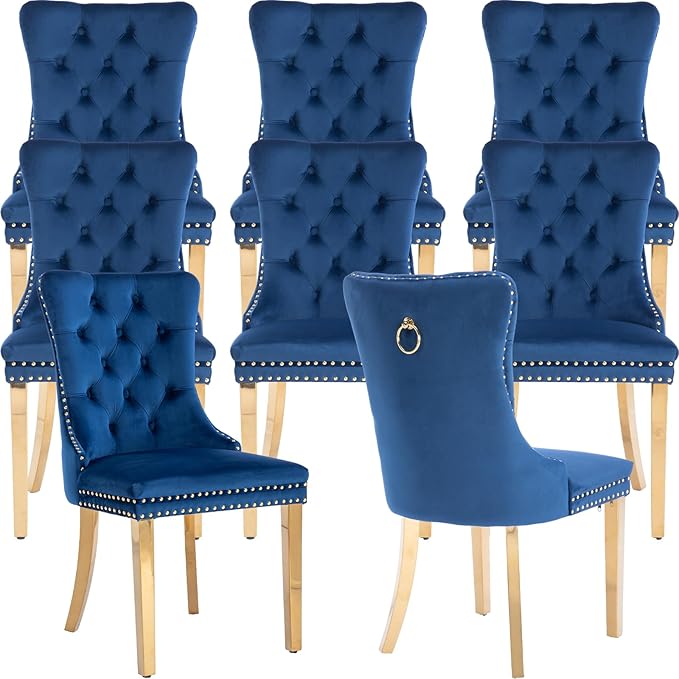 YeahFurn Mid Century Modern Dining Chairs Set of 8, Blue Velvet Upholstered Tufted Back, Kitchen & Dining Room Chairs, Gold Metal Legs, Nailhead Trim, Sillas para Comedor (Blue, 8 Pcs)