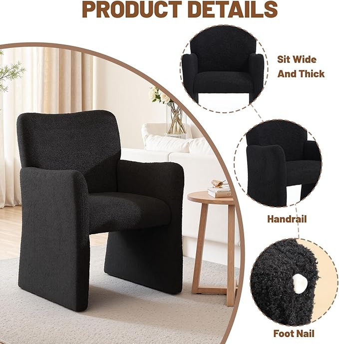 CIMOTA Boucle Dining Chairs Set of 6, Sherpa Upholstered Accent Chairs with Arms/Wood Legs, Comfortable Kitchen Chairs for Living/Reception/Dining Room, Black