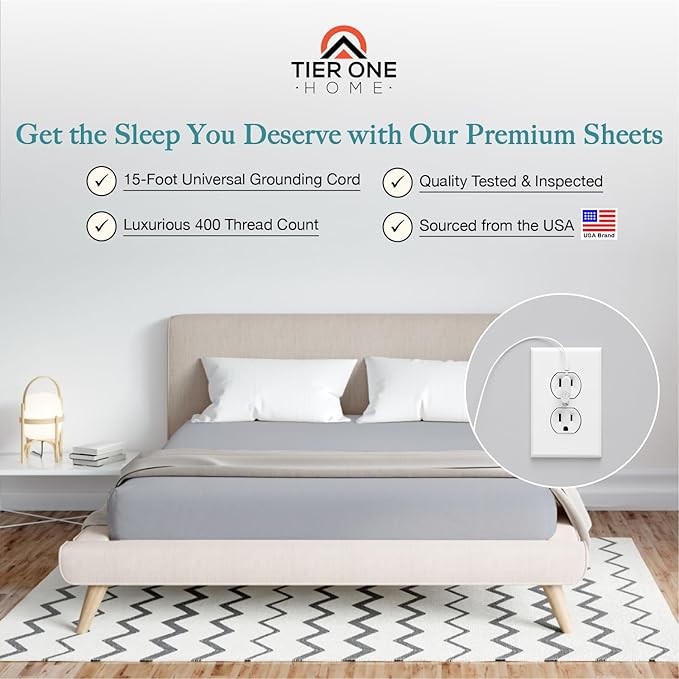 Tier One Home Fitted Grounding Sheets for Earthing, 5% Silver Fiber + 95% Certified Organic Cotton for Better Sleep and Pain Relief. Deep Pockets. Includes Grounding Wristband & Cords (Cali-King)