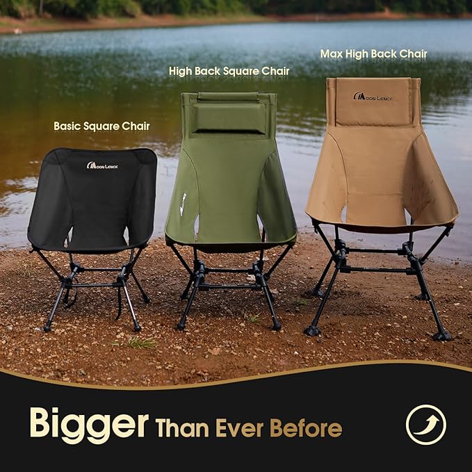 MOON LENCE Oversized High Back Camping Chair for Adults, Height Adjustable Folding Camping Chair with 400 lbs Capacity, Hidden Pillow Pocket and Wide Seat for Camping, Hiking, Picnics, Khaki