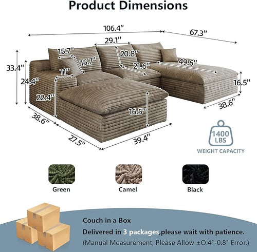 107" Cloud Sectional Couch U-Shaped Chaise with Ottoman, Corduroy Boneless Couch for Living Room Bedroom, Deep-Seat Upholstered Modular Cloud Sofa, No Assembly Required (Camel, Right Facing Chaise)