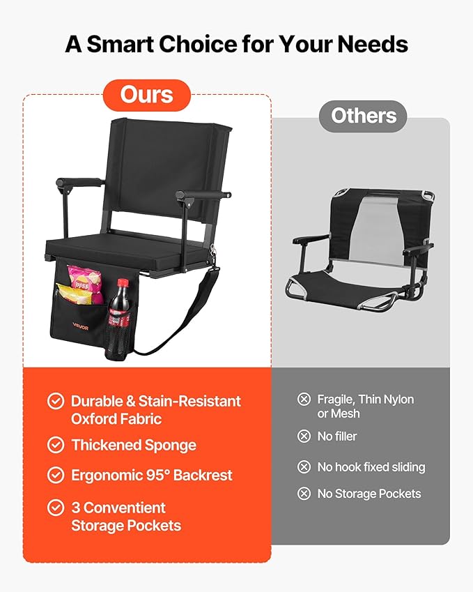 VEVOR Stadium Seat, Portable Bleacher Seat with Armrest, Back Support and Thick Cushion, Bench Chair for Bleacher Includes Shoulder Strap, Hooks, Cup Holder, Black Football Bleachers Seats, 1PCS