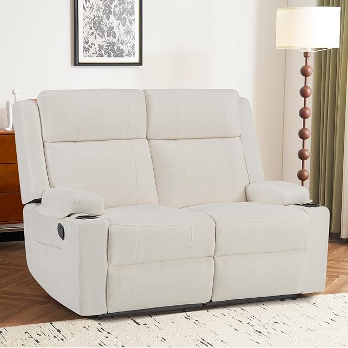 PALLOME Manual Reclining Loveseat Sofa, 2-Seater Recliner Couch with Cup Holders, Fabric Reclining Sofa for Living Room/RV (Cream)