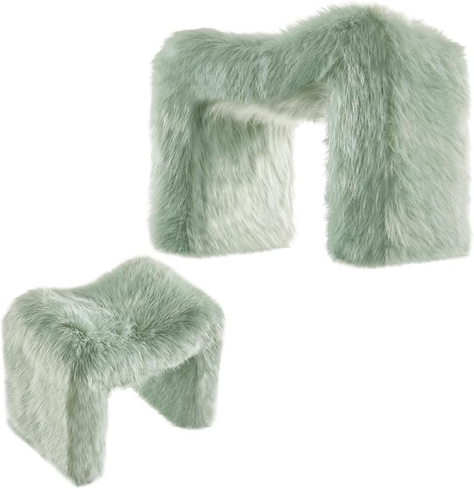 Ottoman Set of 2 Small Footstool Ottoman Vanity Stool Chair Faux Fur Seating Backless Modern Foot Rest Furry for Makeup Room Living Room Bedroom Entryway,Green(2-in-1)