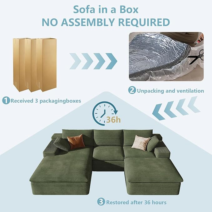 107" Cloud Sectional Couch with U-Shaped Chaise,Corduroy Viral Boneless Sofa with Ottoman,Memory Foam Couches in a Box with Deep Seat for Living Room,No Assembly Required (Green,Left-Facing Chaise)