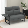 Faux Leather Loveseat, Upholstered Loveseat with Side Tray Table & Storage Pocket, Small Loveseat for Living Room, Modern 2 Seater Sofa Couch for Small Spaces, Bedroom, Gray