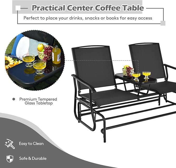 S AFSTAR 2-Person Outdoor Glider, Patio Glider Bench Chairs with Center Tempered Glass Table & Breathable Loveseat, Double Swing Glider Chair for Porch Garden Poolside Balcony Lawn (Black)