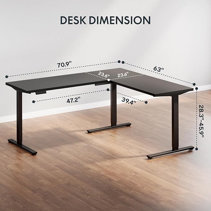 SANODESK L Shaped Electric Standing Desk with Drawer, 71 Inch Ergonomic Adjustable Height Desk with Storage, Corner Desk Sit Stand up Computer Table for Work Office Home, Black