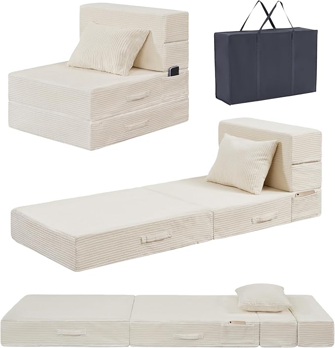 HILERO Folding Sofa Bed, 4 in 1 Convertible Sleeper Chair with Pillow, Single Memory Foam Fold Out Chair Bed, Modern Floor Futon Sofa Couch Mattress for Living Room/Guest/Apartment,Beige