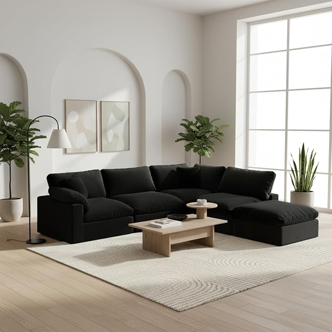 Forest aesthetics 143" Cloud Modular Sectional Sofa,Black Down Filled Sofa 4 Seat with Chaise,Minimalist Sofa Cover Washable and Replaceable Couches for Living Room,Sectional Sofa Deep Seat