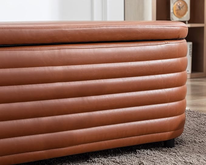 Storage Ottoman Bench Upholstered PU Leather End of Bed Stool with Safety Hinge for Bedroom, Living Room, Entryway (45.5-inch, Brown)