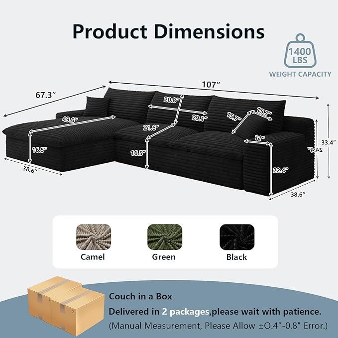 107" Cloud Sectional Couch with L-Shape Chaise, Modern Corduroy Viral Boneless Sofa for Living Room,Memory Foam Couches in a Box with Deep Seat,No Assembly Required (Jet Black,Left-Facing Chaise)