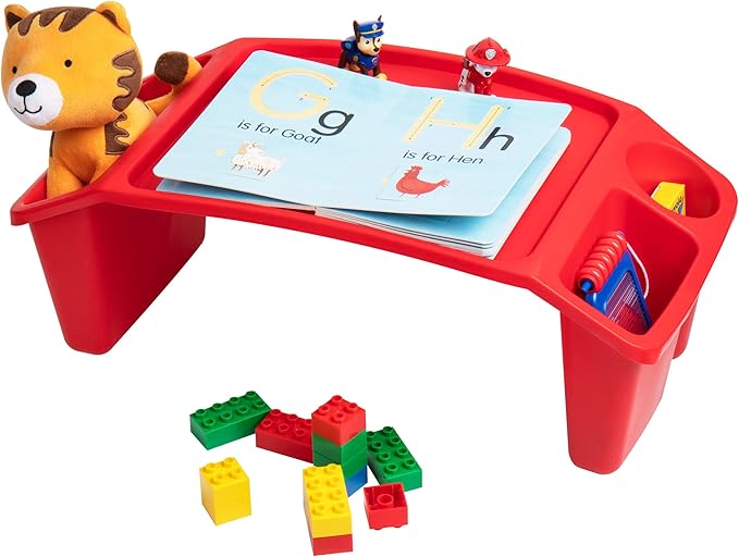 Mind Reader Kids Lap Desk, Portable Activity Tray with Side Storage, Stackable Plastic Desk for Drawing, Snacks, Study, Set of 2, Red
