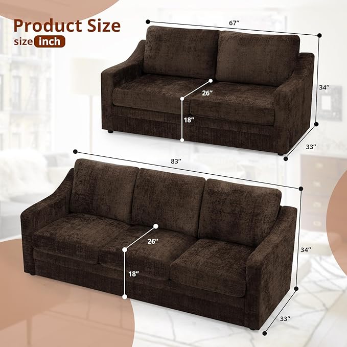 ACMEASE 2 Pieces Chenille Sofa Sets w/Comfortable Back Cushions, Modern Loveseat & Sofa w/Deep Seat Space, Upholstered 2 Seat & 3 Seats Couch Sets w/High Resiliency Foam for Living Room, Office Brown