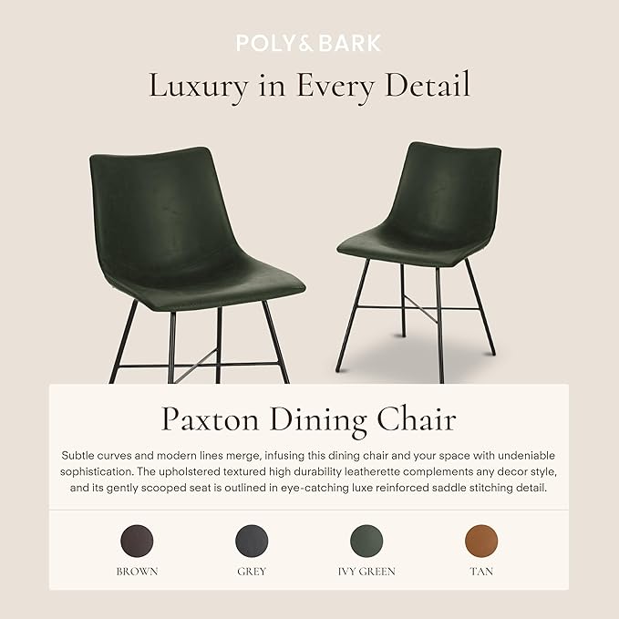 POLY & BARK Paxton Leather Dining Chairs – Set of 2 Modern Dining Room Chairs with Low Back – Faux Leather Upholstery and Matte Black Steel Base – Comfortable Seating for Stylish Interiors – Ivy Green