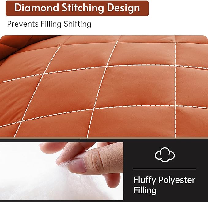 MUXHOMO 7 Pieces King Comforter Set, Reversible Bed in a Bag King Size, All Season Bedding Set with Comforter, Flat Sheet, Fitted Sheet, Pillowcases & Shams, Burnt Orange & Camel