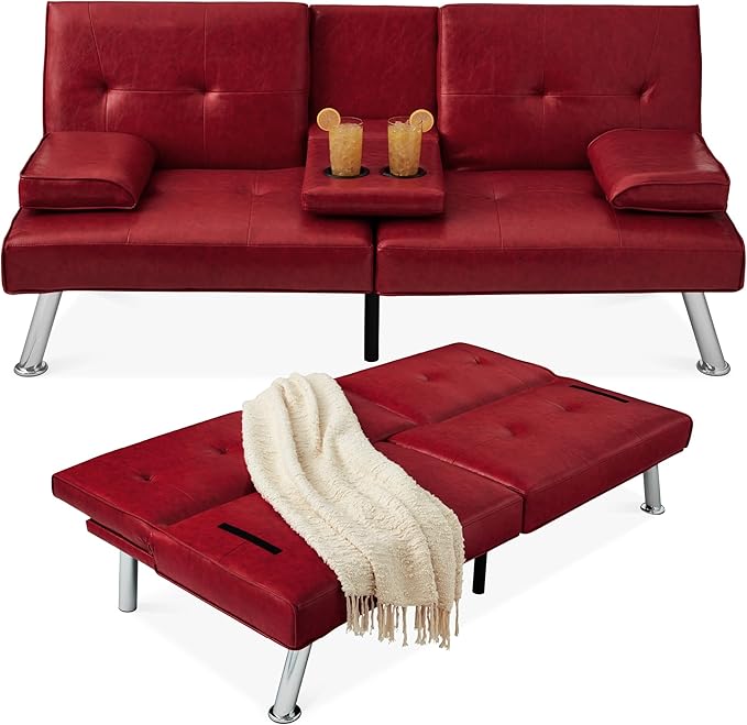 Best Choice Products Faux Leather Upholstered Modern Convertible Futon, Adjustable Folding Sofa Bed, Guest Bed w/Removable Armrests - Burgundy