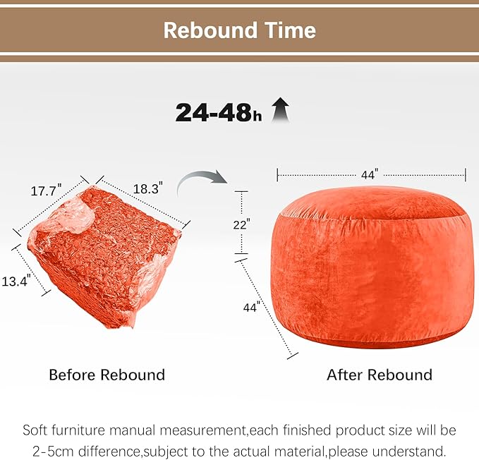 Bean Bag Chairs for Adults - Memory Foam Furniture BeanBag Chair - Kids/Teens Sofa with Soft Micro Fiber Cover - Round Fluffy Couch for Living Room Bedroom College Dorm - 4 ft, Orange