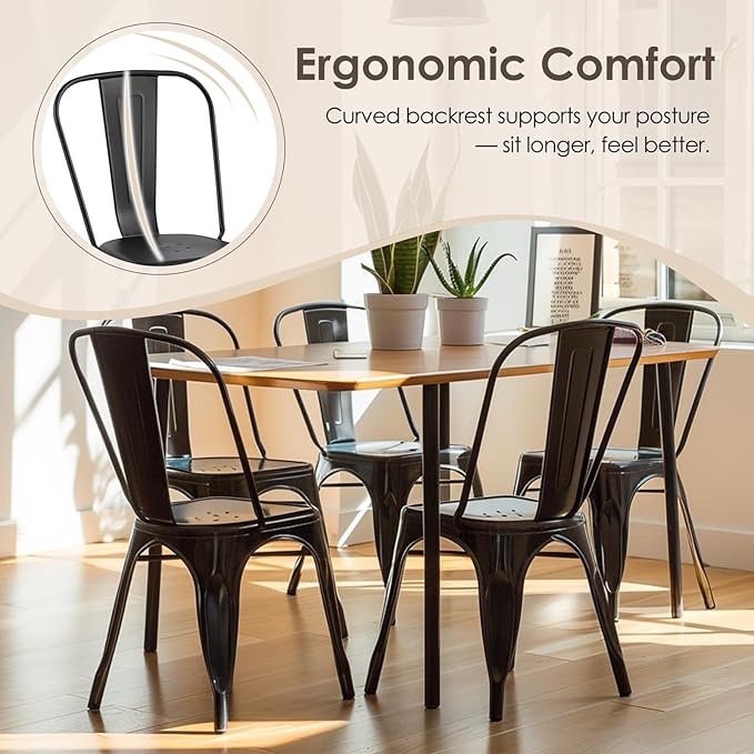 Metal Dining Chairs Set of 2,Stackable Tolix Chair Indoor/Outdoor for Kitchen,Cafe,Restaurant,Bistro & Patio Multiple Colors with High Backrest and Wood Seat(Black)