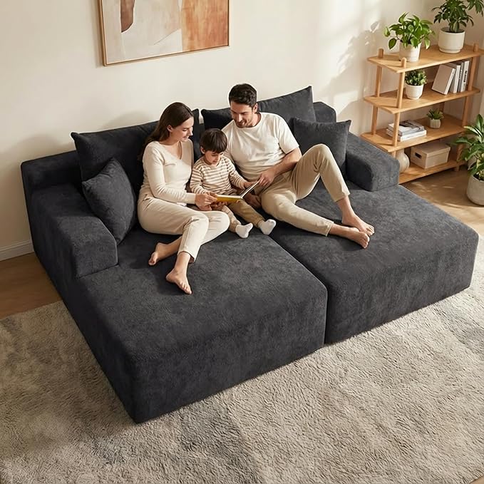 Sytopia Loveseat Chaise Lounge with Armrests, Oversized Sofa Bed with 4 Pillows, Cozy Boneless Sleeper, Modular Sectional Couch for Living Room Bedroom, Floor Chair Furniture sala Chenille, Black
