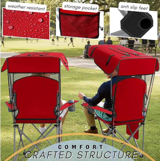 CozyBox Portable Folding Camping Chairs with Canopy Shade, Beach Chair for Adults, Durable Weather Resistant 600D Oxford Cloth, Camping Chair with Canopy for Outdoors [Red]