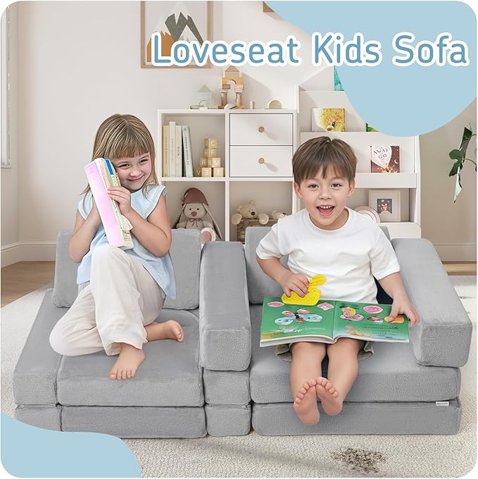 MeMoreCool Kids Modular Play Couch – 10-Piece Foam Climbing Sofa Set for Ages 2–6 | Creative Fort Building, Reading & Nap Time | Washable Plush Covers, Light Grey